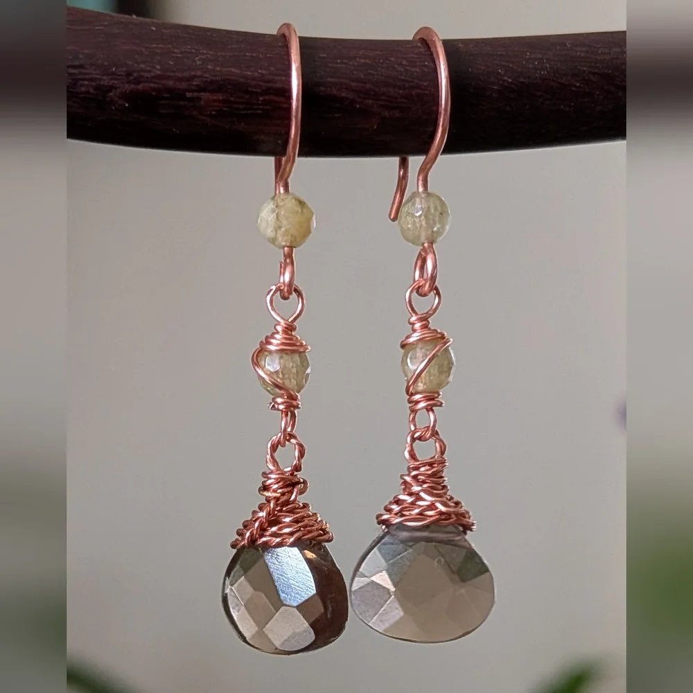 Smokey Quartz Earrings Green Garnet Accents Dangle Drop Artisan Handmade - Picture 11 of 12
